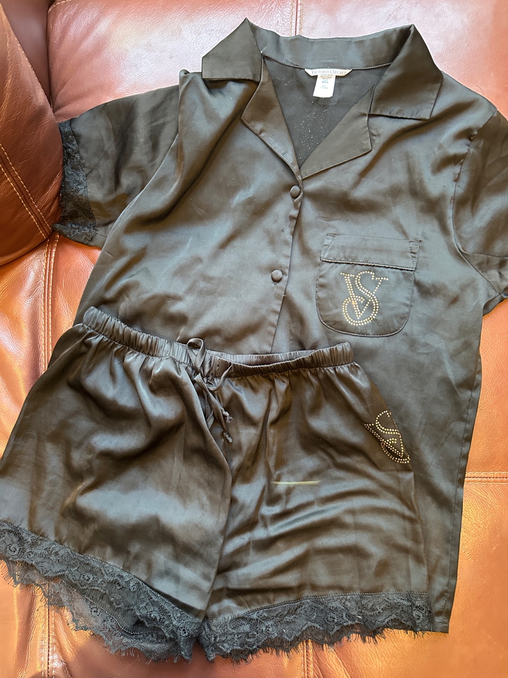 Victoria's Secret Black Satin Lace Trim Pajama Set